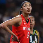 Atlanta Dream forward Angel Reese (5) in action against the Los Angeles Sparks in the first quarter at Gateway Center Arena at College Park.