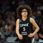 Minnesota Lynx guard Olivia Miles (5) looks on against the Phoenix Mercury in the first half at Target Center.