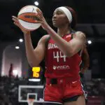 Washington Mystics forward Kiki Iriafen (44) receives a pass during the first half against the Toronto Tempo at Coca-Cola Coliseum.