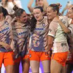 Gotham FC midfielder Rose Lavelle (16) celebrates her goal against the Washington Spirit with teammates during the first half at Citi Field.