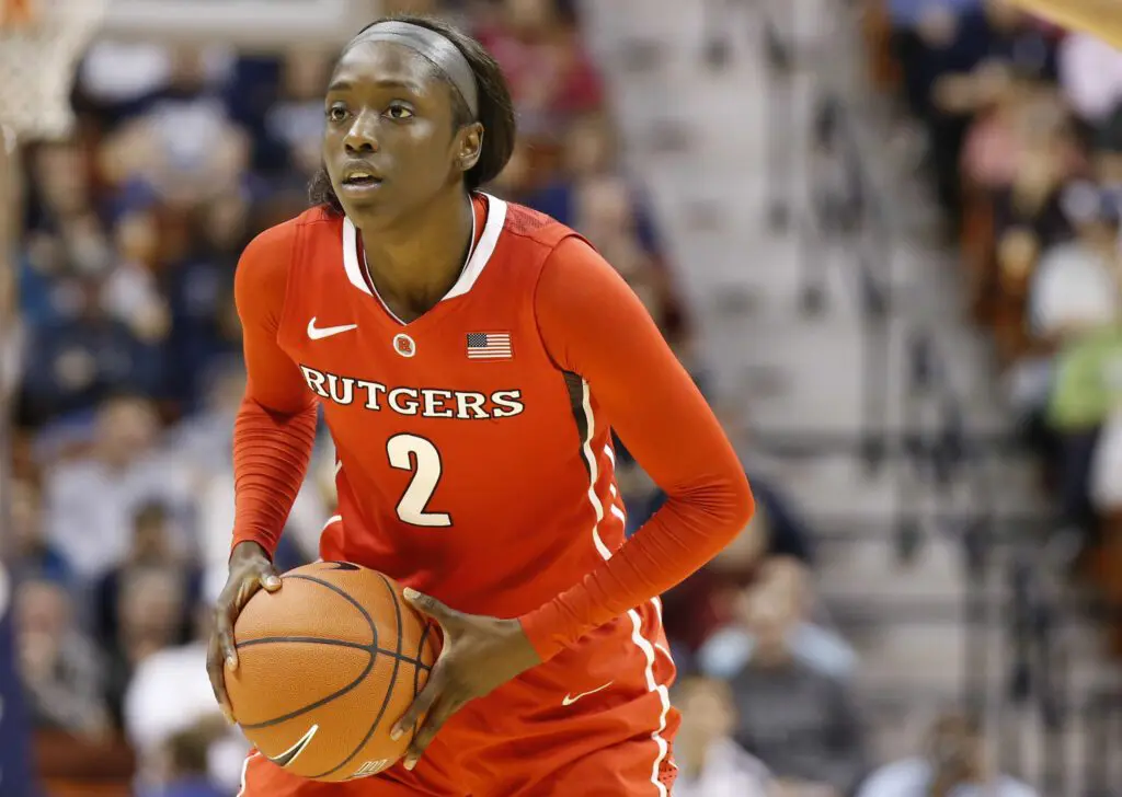 Rutgers Scarlet Knights guard Kahleah Copper (2) looks for an opening against the Connecticut Huskies during the second half in the semifinal round of the American League Athletic Conference Tournament at Mohegan Sun Arena. UConn defeated Rutgers 83-57.