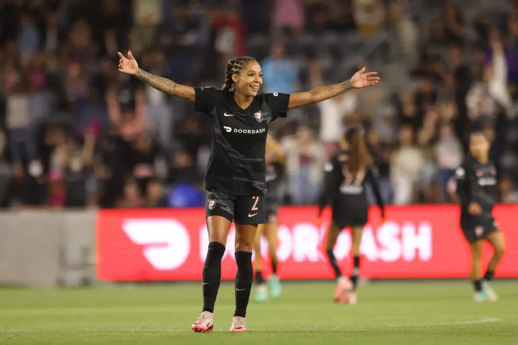 Angel City FC forward Sydney Leroux (2) celebrates after the match against Racing Louisville FC at BMO Stadium.