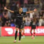 Angel City FC forward Sydney Leroux (2) celebrates after the match against Racing Louisville FC at BMO Stadium.