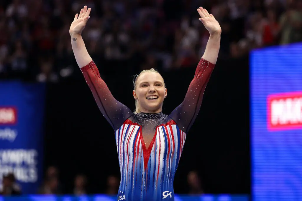 Jade Carey celebrates her floor routine during the U.S. Olympic Team Gymnastics Trials at Target Center.