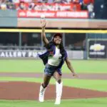 Simone Biles, Paris Summer Olympics 2024 gymnast gold medal winner, throws out the ceremonial first pitch. Olympian teammate and gold medalist , Jordan Chiles, and the Houston area Olympians were also in attendance before the Kansas City Royals played against the Houston Astros.