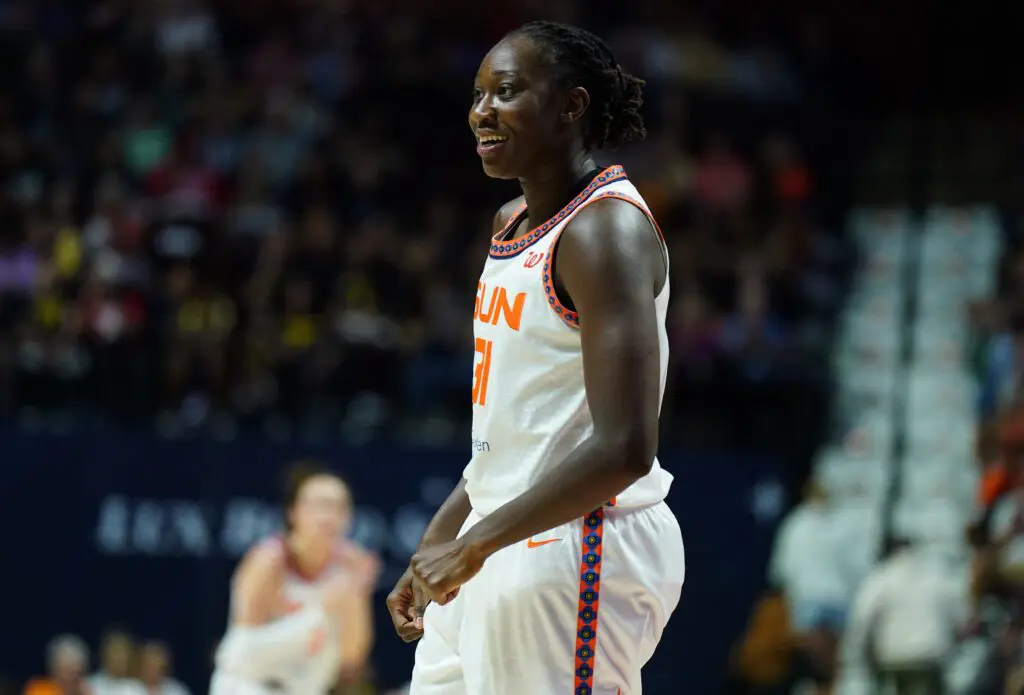 Connecticut Sun center Tina Charles (31) reacts after her basket against the Indiana Fever in the first half at Mohegan Sun Arena.