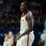 Connecticut Sun center Tina Charles (31) reacts after her basket against the Indiana Fever in the first half at Mohegan Sun Arena.