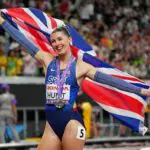 Amy Hunt (GBR) celebrates winning the silver medal in the womens 200m during the World Athletics Championships at National Stadium.