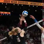Texas A&M Aggies middle blocker Ifenna Cos-Okpalla (1) and setter Maddie Waak (16) defend Kentucky Wildcats outside hitter Eva Hudson (7) in the second set of the 2025 NCAA WomenÕs Volleyball Championship at T-Mobile Center.