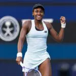 Coco Gauff of the United States reacts after a point against Karolina Muchova of the Czech Republic in the semi-finals of the women’s singles at the Miami Open at the Hard Rock Stadium.