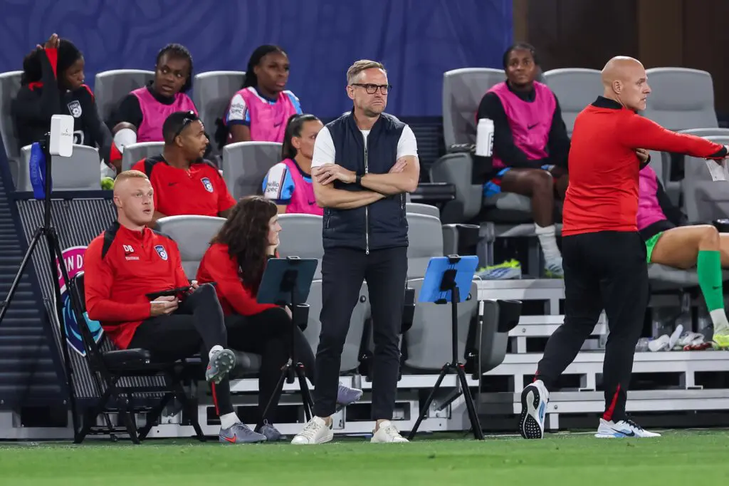 Chicago Stars FC head coach Martin Sjogren looks on during the second half against San Diego Wave FC at Snapdragon Stadium.