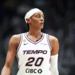 Toronto Tempo guard Brittney Sykes (20) looks on against the Portland Fire at Coca-Cola Coliseum.