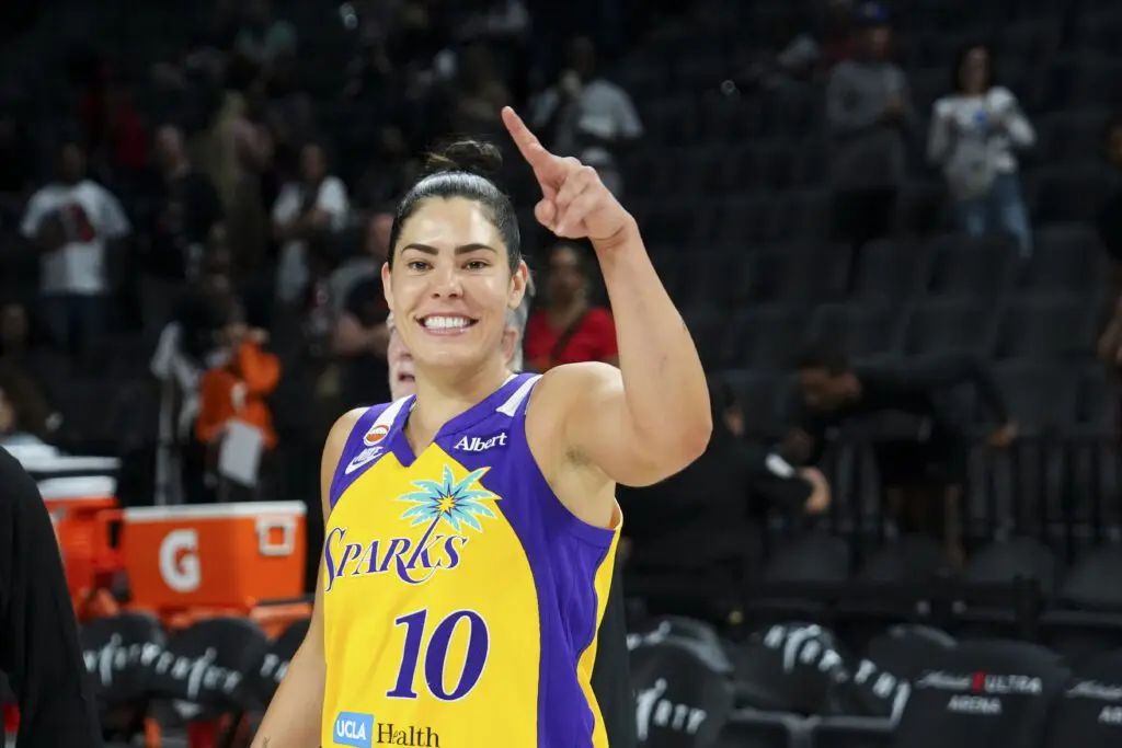 Los Angeles Sparks guard Kelsey Plum (10) gestures towards the sidelines after defeating the Las Vegas Aces at Michelob Ultra Arena.