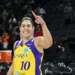 Los Angeles Sparks guard Kelsey Plum (10) gestures towards the sidelines after defeating the Las Vegas Aces at Michelob Ultra Arena.