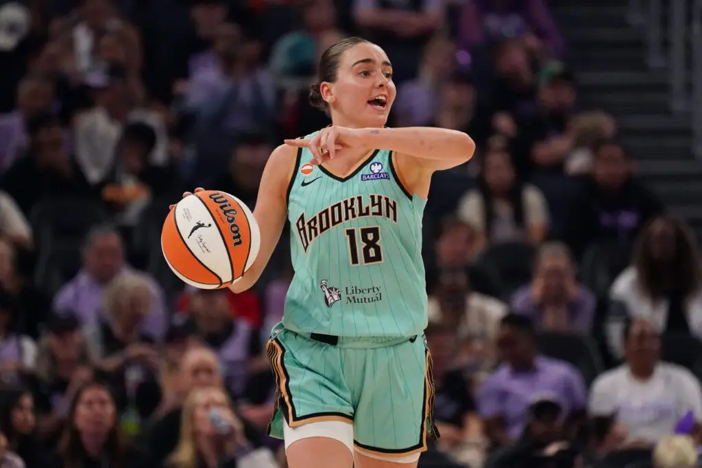New York Liberty guard Pauline Astier (18) brings the ball upcourt against the Golden State Valkyries in the third quarter at Chase Center.