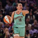 New York Liberty guard Pauline Astier (18) brings the ball upcourt against the Golden State Valkyries in the third quarter at Chase Center.