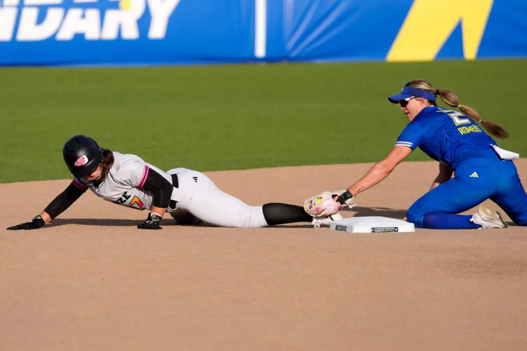 Oklahoma City’s Sydney Romero makes a stop during AUSL softball game between the Oklahoma City Spark and the Utah Talons at Oklahoma Christian University, July 9, 2026