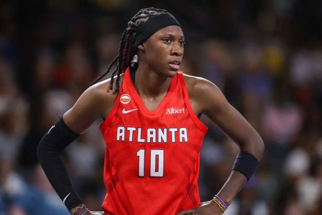 Atlanta Dream guard Rhyne Howard (10) in action against the Los Angeles Sparks in the second quarter at Gateway Center Arena at College Park.