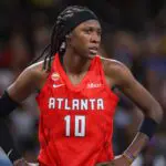 Atlanta Dream guard Rhyne Howard (10) in action against the Los Angeles Sparks in the second quarter at Gateway Center Arena at College Park.
