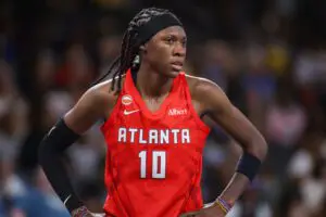 Atlanta Dream guard Rhyne Howard (10) in action against the Los Angeles Sparks in the second quarter at Gateway Center Arena at College Park.