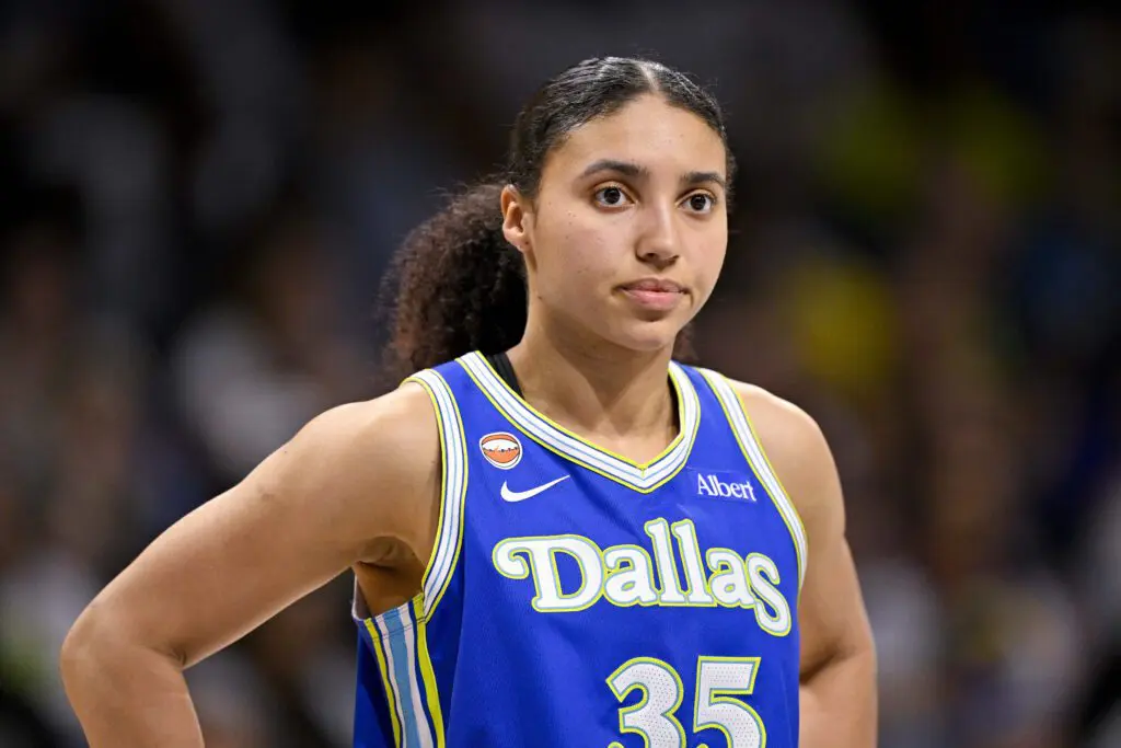 Dallas Wings guard Azzi Fudd (35) looks on during the game between the Wings and the Aces at College Park Center.