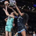 New York Liberty forward Breanna Stewart (30) and Chicago Sky center Kamilla Cardoso (10) at Barclays Center.
