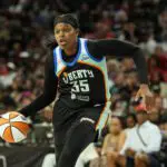 New York Liberty center Jonquel Jones (35) dribbles the ball against the Las Vegas Aces during the third quarter of a WNBA basketball game at Michelob Ultra Arena.