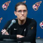 Indiana Fever head coach Stephanie White talks with the media before the game between the Minnesota Lynx and Indiana Fever at Target Center.