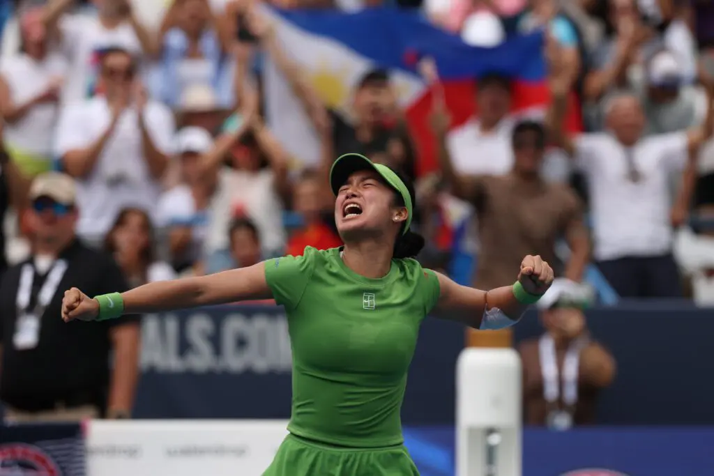 Alexandra Eala (PHI) celebrates after her match against Jessica Pegula (USA) (not pictured) in the women's singles final of the 2026 Mubadala DC Open at Rock Creek Park Tennis Center.