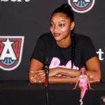 Atlanta Dream forward Angel Reese (5) talks about her signature Barbie doll before a game against the Las Vegas Aces at State Farm Arena.