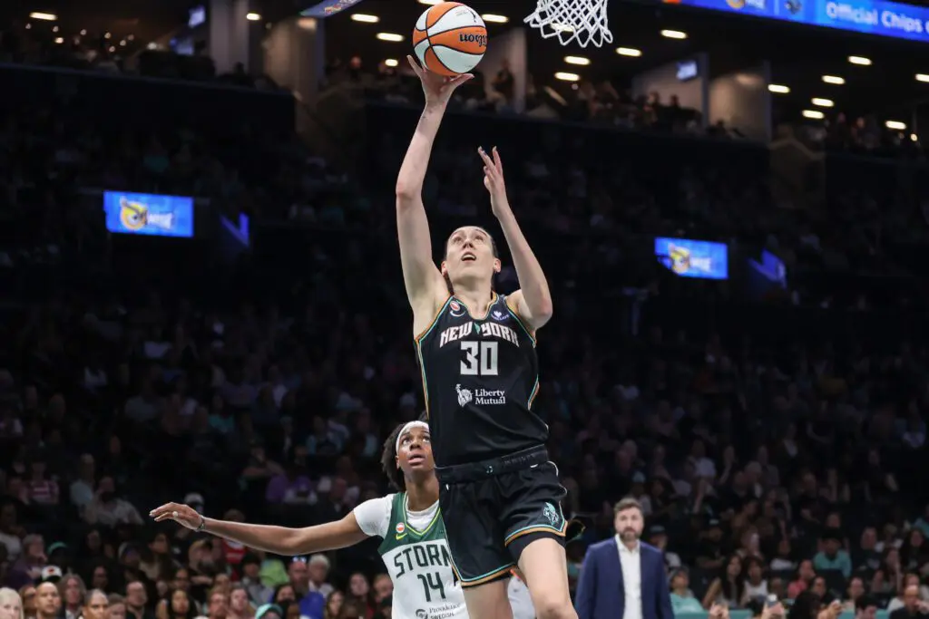 New York Liberty forward Breanna Stewart (30) drives to the basket in the second quarter against the Seattle Storm at Barclays Center.