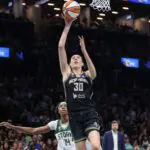 New York Liberty forward Breanna Stewart (30) drives to the basket in the second quarter against the Seattle Storm at Barclays Center.