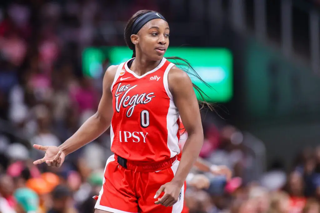 Las Vegas Aces guard Jackie Young (0) reacts after a basket against the Atlanta Dream in the third quarter at State Farm Arena.