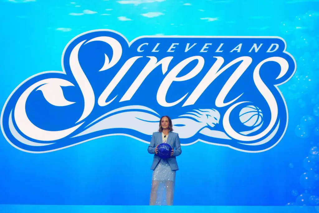 Allison Howard, president of the Cleveland Sirens, takes the stage at the event to debut the name of the 2028 WNBA expansion team at Rocket Arena in Cleveland, Ohio.