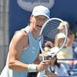 Iga Swiatek (POL) reacts after winning a point against Sara Bejlek (CZE) during second round play at Sobeys Stadium.