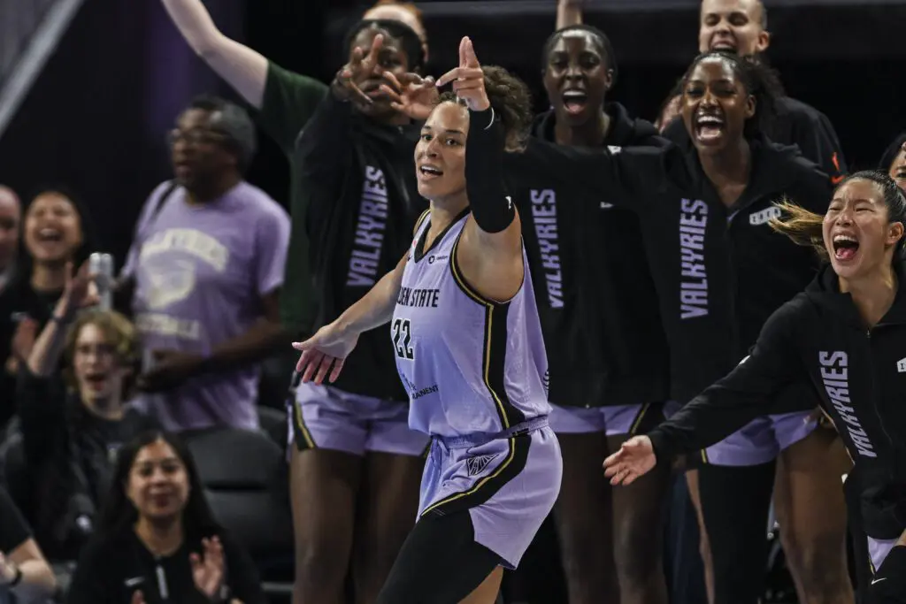 Golden State Valkyries guard Veronica Burton (22) reacts after making a three point basket against the Toronto Tempo during the third quarter at Chase Center.