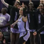 Golden State Valkyries guard Veronica Burton (22) reacts after making a three point basket against the Toronto Tempo during the third quarter at Chase Center.