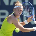 Marie Bouzkova (CZE) sets up to hit a ball to Taylor Townsend (not pictured) during round two play of the National Bank Open at Sobeys Stadium.