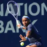 Coco Gauff (USA) sets up to return a ball to Kayla Day (not pictured) during round two play of the National Bank Open at Sobeys Stadium.