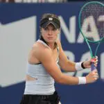 Caty McNally (USA) hits a ball to Linda Noskova (not pictured) during round two play of the National Bank Open at Sobeys Stadium.