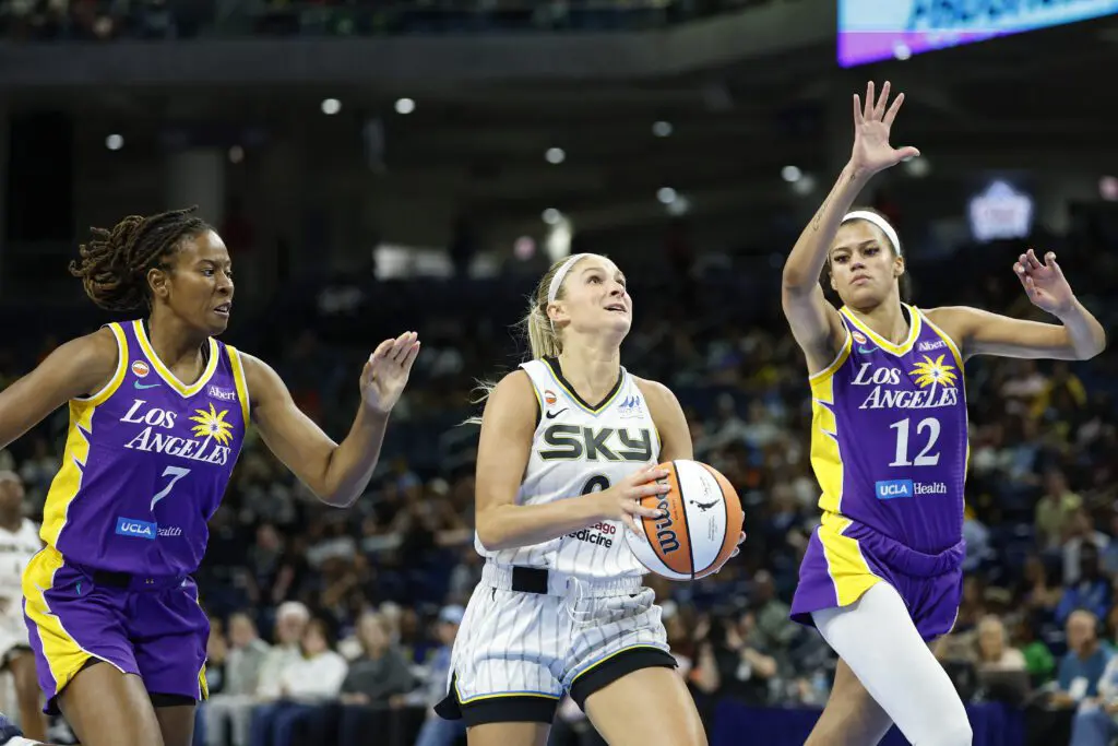 Chicago Sky guard Jacy Sheldon (0) goes to the basket against the Los Angeles Sparks.