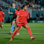 North Carolina Courage midfielder Riley Jackson (16) celebrates after penalty kick goal in the second half against the Denver Summit FC.