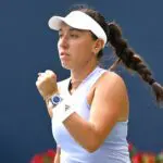 Jessica Pegula (USA) reacts after winning the first set against Kamilla Rakhimova (UZB) during third round play at Sobeys Stadium.