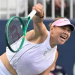 Amanda Anisimova (USA) serves against Nikola Bartunkova (CZE) during third round play at Sobeys Stadium.