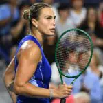 Aryna Sabalenka reacts after defeating Shuai Zhang (CHN) during third round play at Sobeys Stadium.