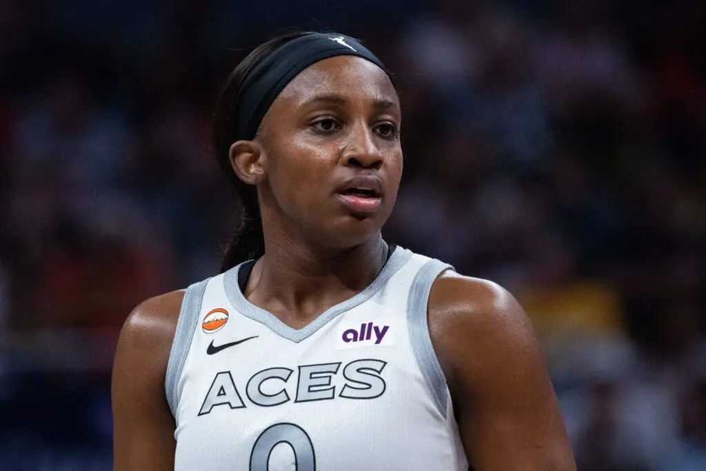 Las Vegas Aces guard Jackie Young (0) looks on in the first half against the Indiana Fever at Gainbridge Fieldhouse.
