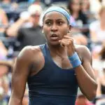 Coco Gauff (USA) reacts after winning the first set against Alina Korneeva during fourth round play at Sobeys Stadium.