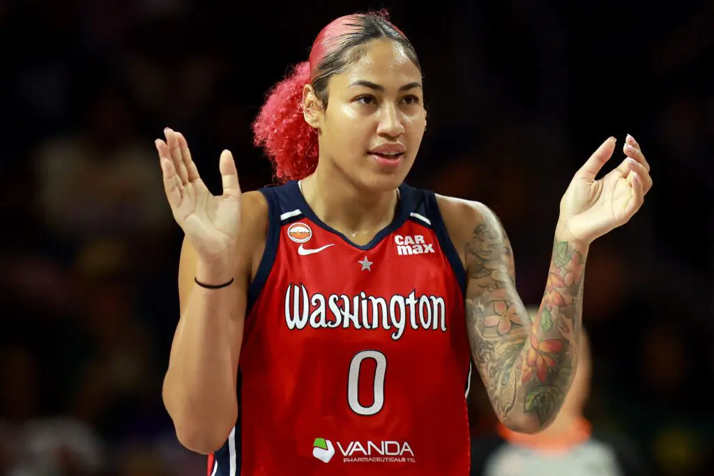 Washington Mystics center Shakira Austin (0) celebrates during the first half against the Phoenix Mercury at CareFirst Arena.