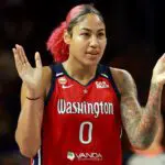Washington Mystics center Shakira Austin (0) celebrates during the first half against the Phoenix Mercury at CareFirst Arena.