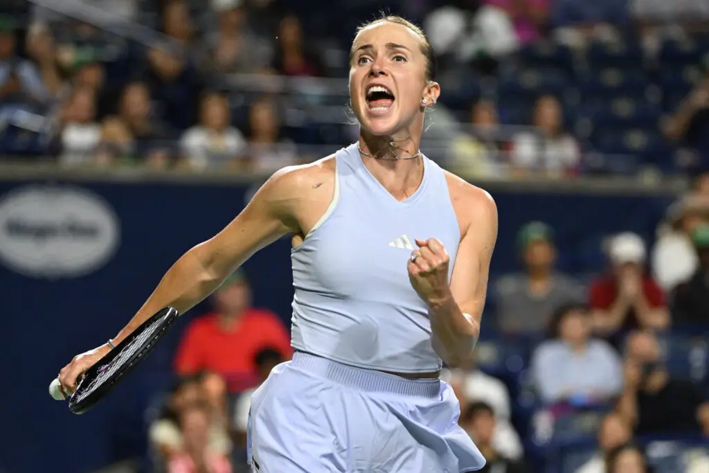 Elina Svitolina celebrates after defeating Ekaterina Alexandrova during quarter final play at Sobeys Stadium.
